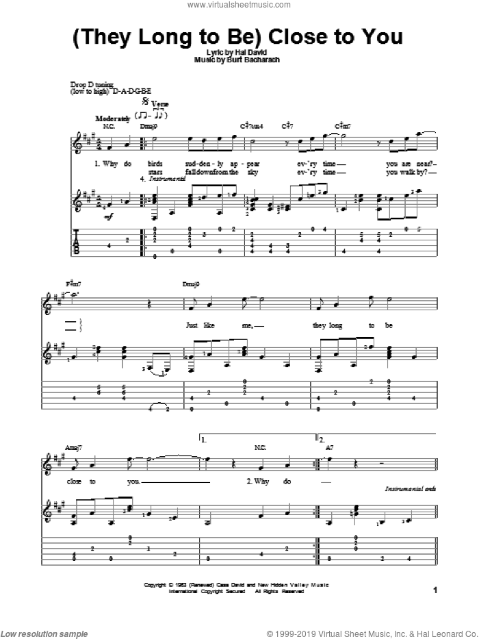 (They Long To Be) Close To You sheet music for guitar solo by Carpenters, Burt Bacharach and Hal David, intermediate skill level