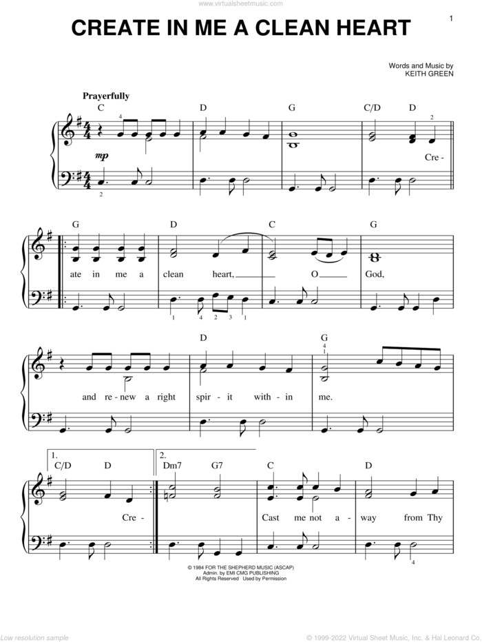 Create In Me A Clean Heart sheet music for piano solo by Keith Green, easy skill level