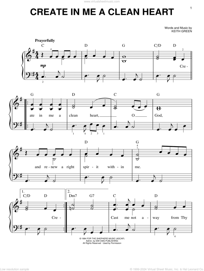 Create In Me A Clean Heart sheet music for piano solo by Keith Green, easy skill level