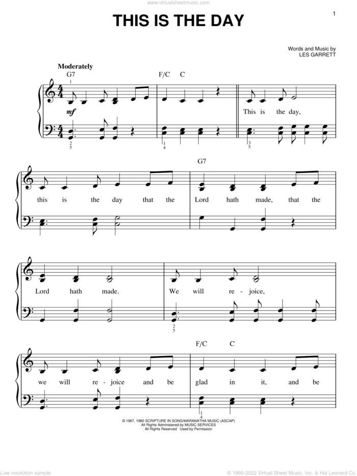 This Is The Day sheet music for piano solo by Les Garrett, easy skill level