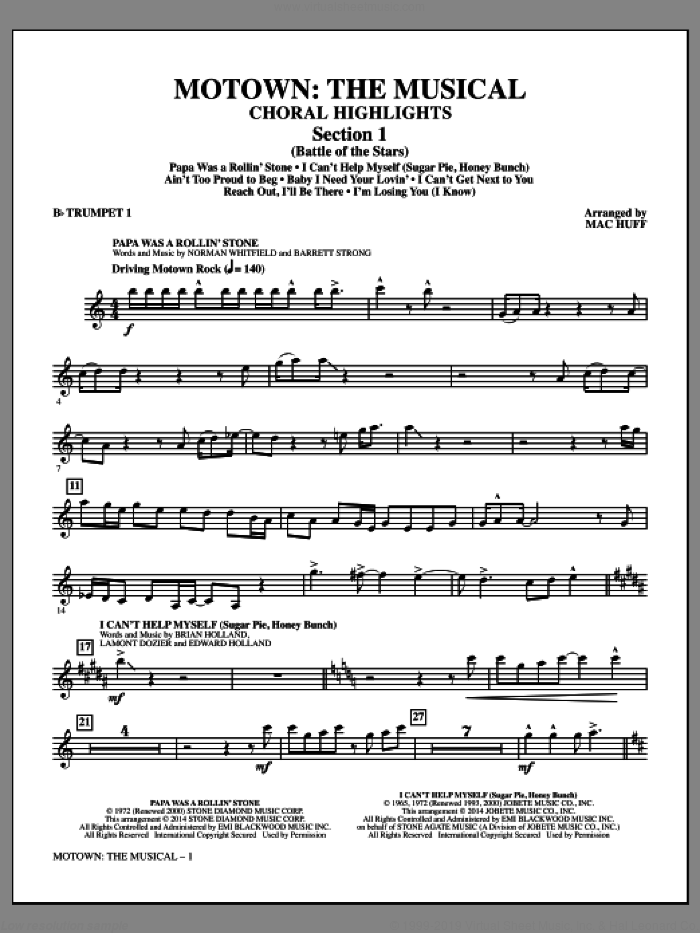 Motown: The Musical (Choral Highlights) sheet music for orchestra/band (trumpet 1) by Mac Huff, intermediate skill level