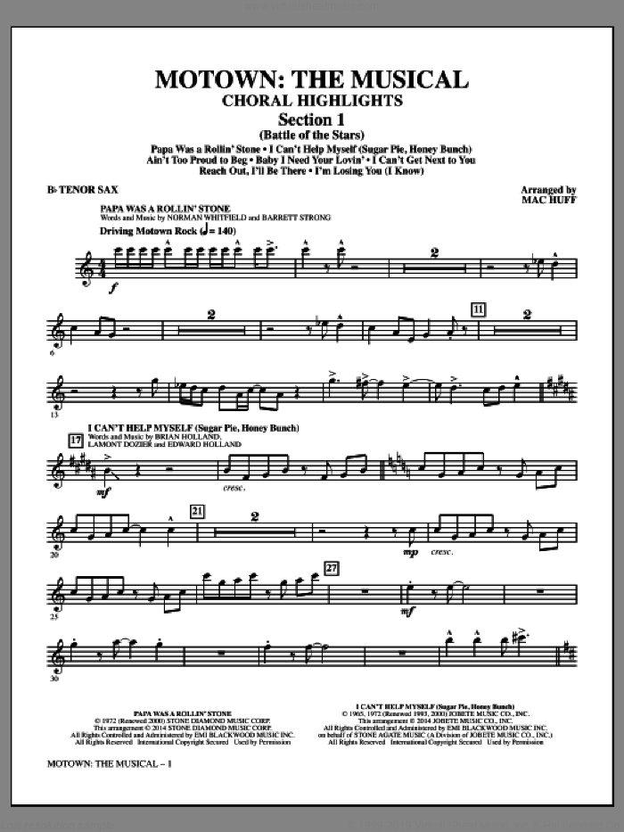 Motown: The Musical (Choral Highlights) sheet music for orchestra/band (tenor sax) by Mac Huff, intermediate skill level