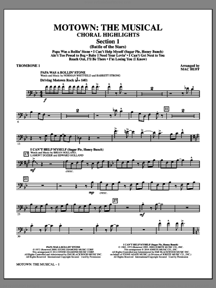 Motown: The Musical (Choral Highlights) sheet music for orchestra/band (trombone 1) by Mac Huff, intermediate skill level