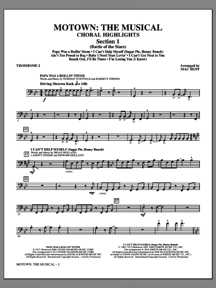 Motown: The Musical (Choral Highlights) sheet music for orchestra/band (trombone 2) by Mac Huff, intermediate skill level