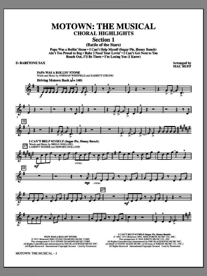 Motown: The Musical (Choral Highlights) sheet music for orchestra/band (baritone sax) by Mac Huff, intermediate skill level