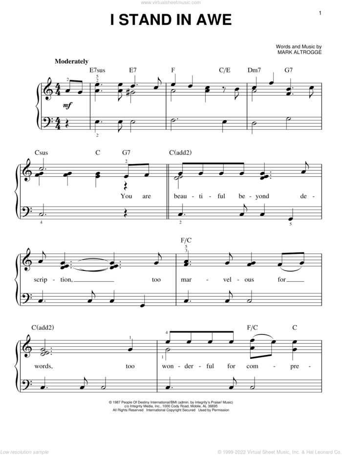 I Stand In Awe sheet music for piano solo by Sovereign Grace Music and Mark Altrogge, easy skill level