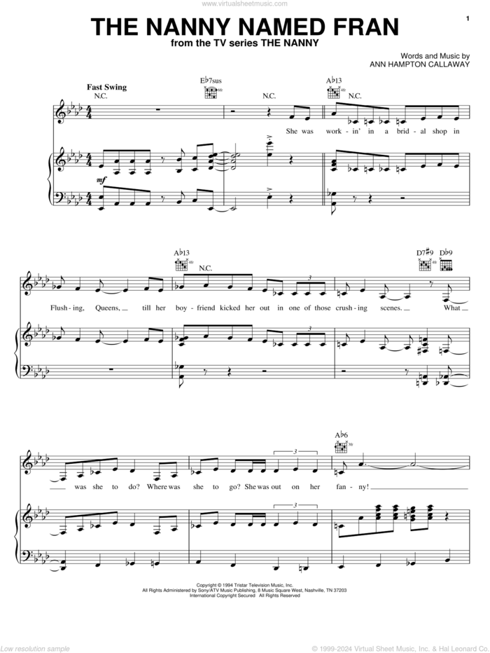 The Nanny Named Fran sheet music for voice, piano or guitar by Ann Hampton Callaway, intermediate skill level