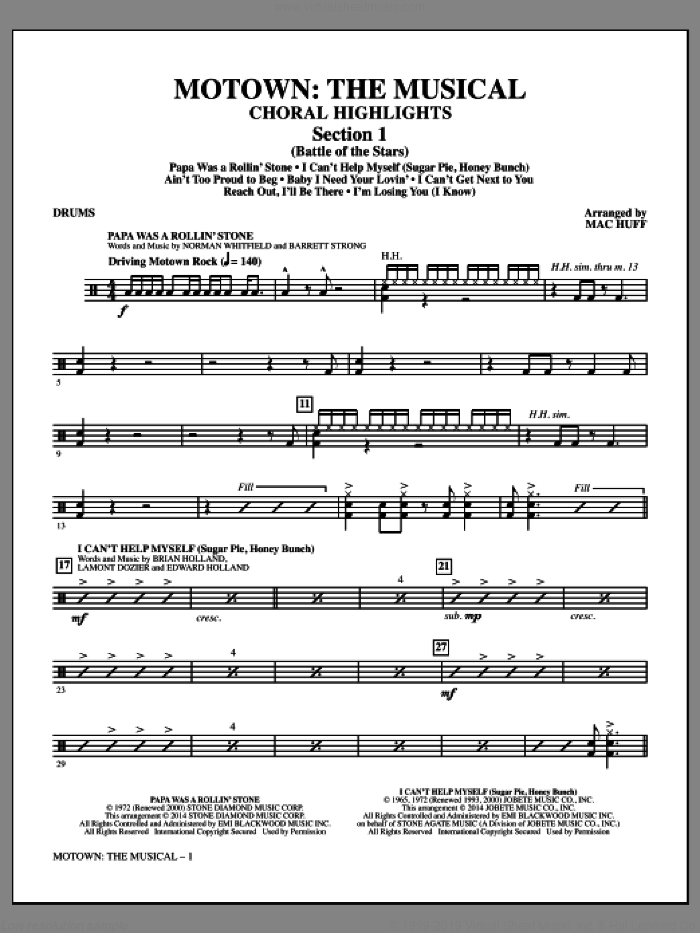 Motown: The Musical (Choral Highlights) sheet music for orchestra/band (drums) by Mac Huff, intermediate skill level