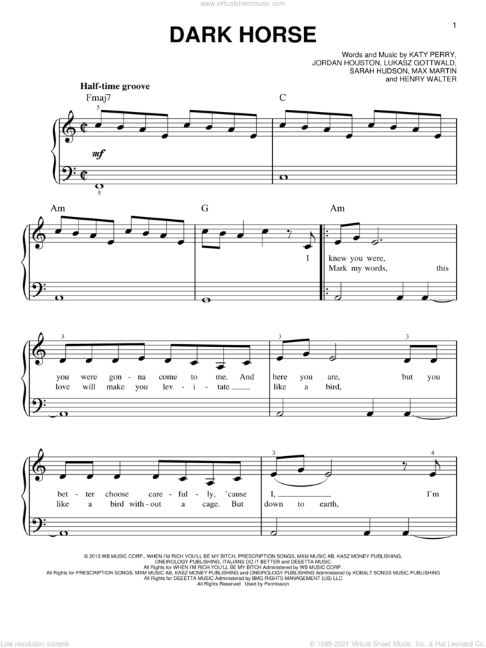 Dark Horse, (beginner) sheet music for piano solo by Katy Perry, beginner skill level