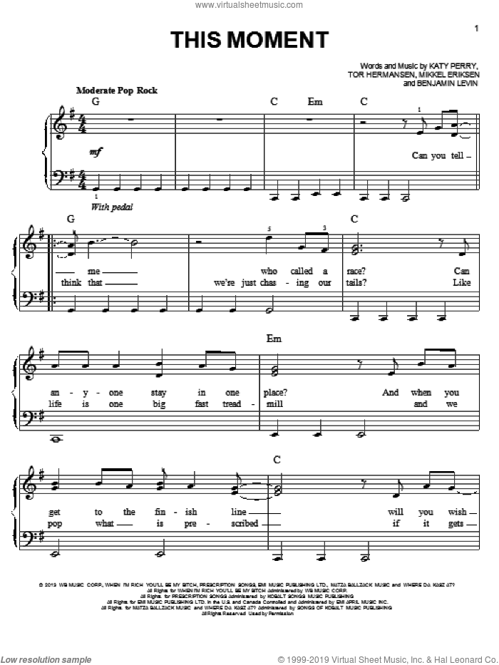 This Moment sheet music for piano solo by Katy Perry, easy skill level