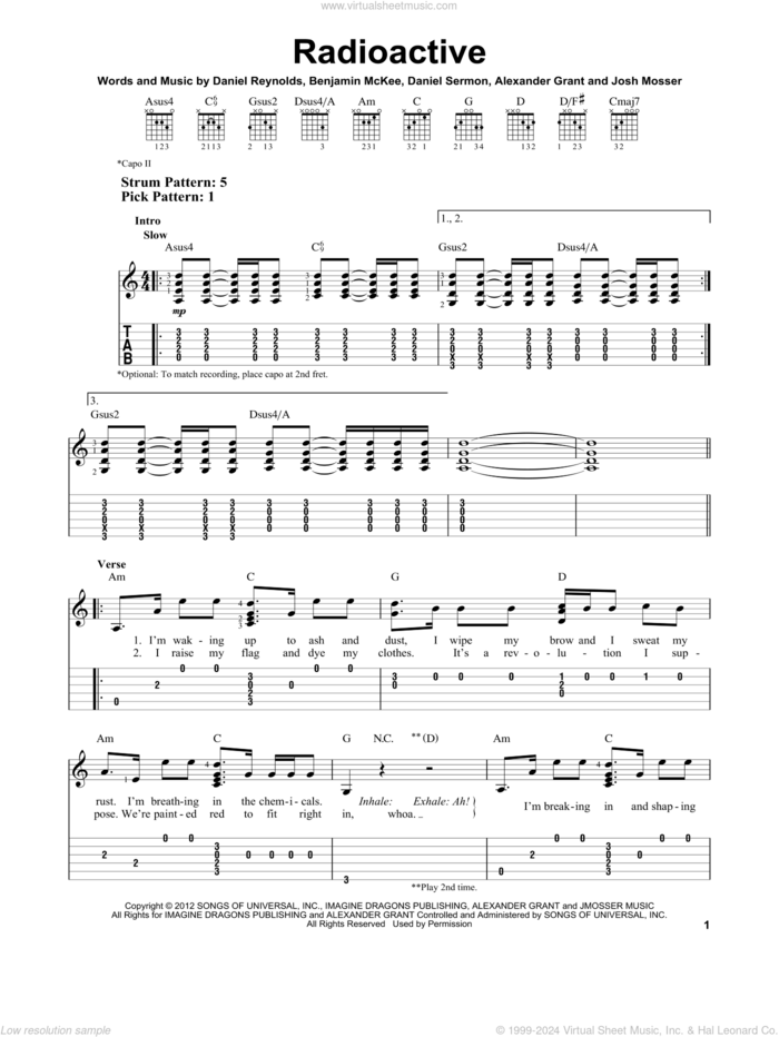 Radioactive sheet music for guitar solo (easy tablature) by Imagine Dragons, easy guitar (easy tablature)