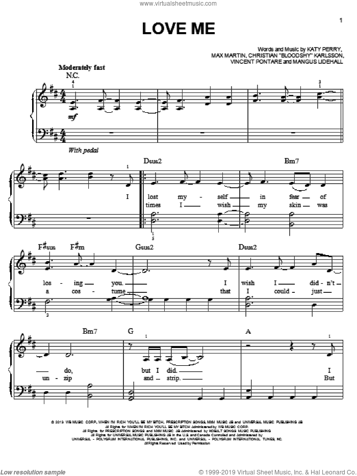 Love Me sheet music for piano solo by Katy Perry, easy skill level