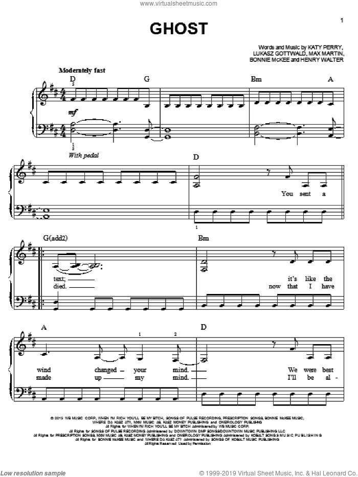 Ghost sheet music for piano solo by Katy Perry, easy skill level