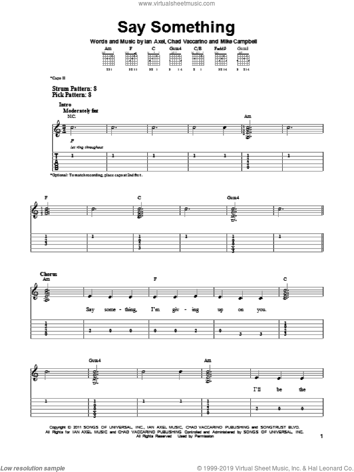 Say Something sheet music for guitar solo (easy tablature) by A Great Big World, easy guitar (easy tablature)