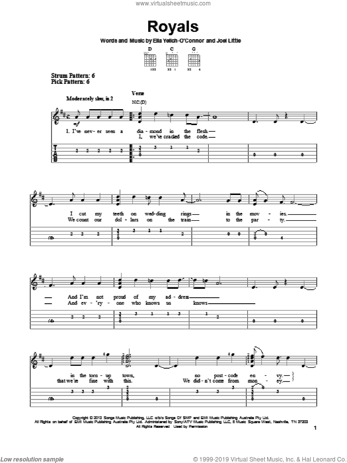 Royals sheet music for guitar solo (easy tablature) by Lorde, easy guitar (easy tablature)