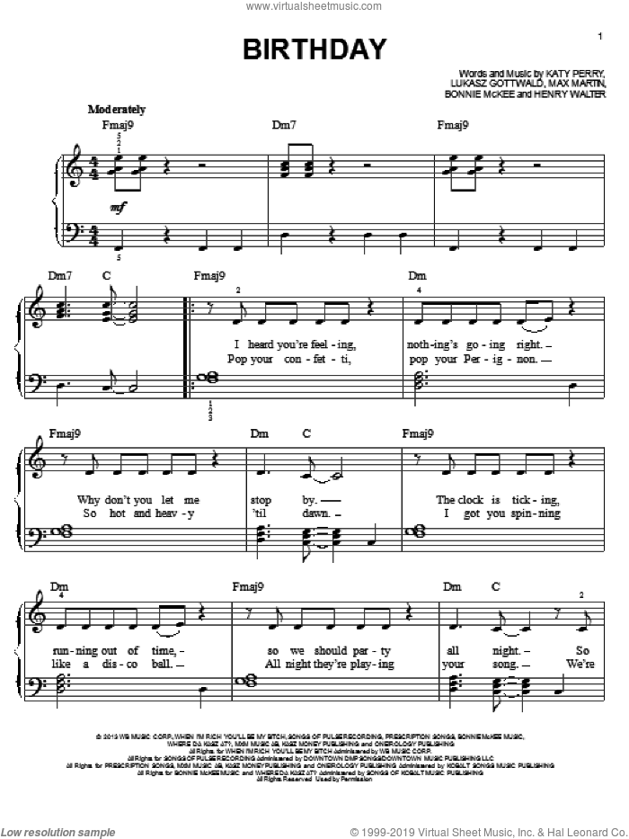 Birthday sheet music for piano solo by Katy Perry, easy skill level