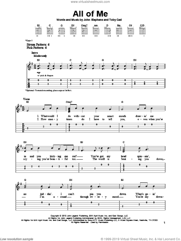 All Of Me sheet music for guitar solo (easy tablature) by John Legend, wedding score, easy guitar (easy tablature)