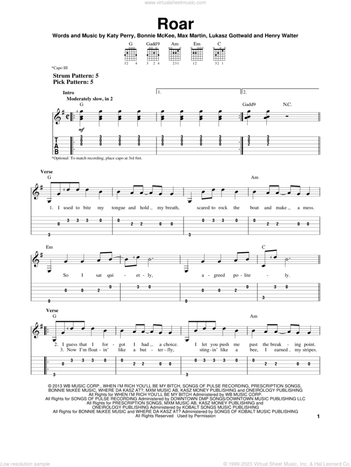 Roar sheet music for guitar solo (easy tablature) by Katy Perry, easy guitar (easy tablature)
