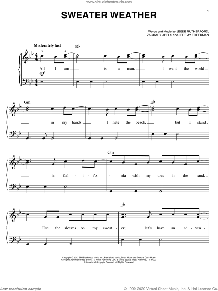 Sweater Weather sheet music for piano solo by The Neighbourhood, easy skill level