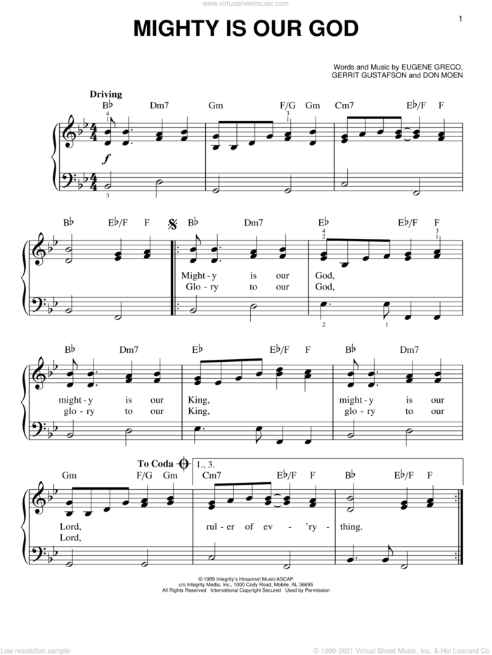 Mighty Is Our God sheet music for piano solo by Eugene Greco, Don Moen and Gerrit Gustafson, easy skill level
