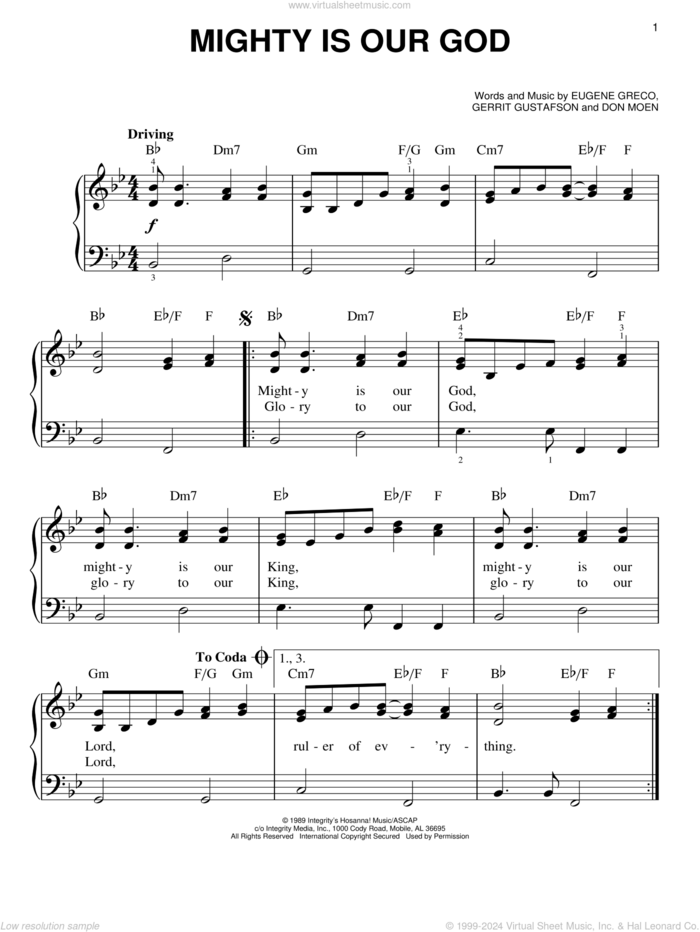 Mighty Is Our God, (easy) sheet music for piano solo by Eugene Greco, Don Moen and Gerrit Gustafson, easy skill level