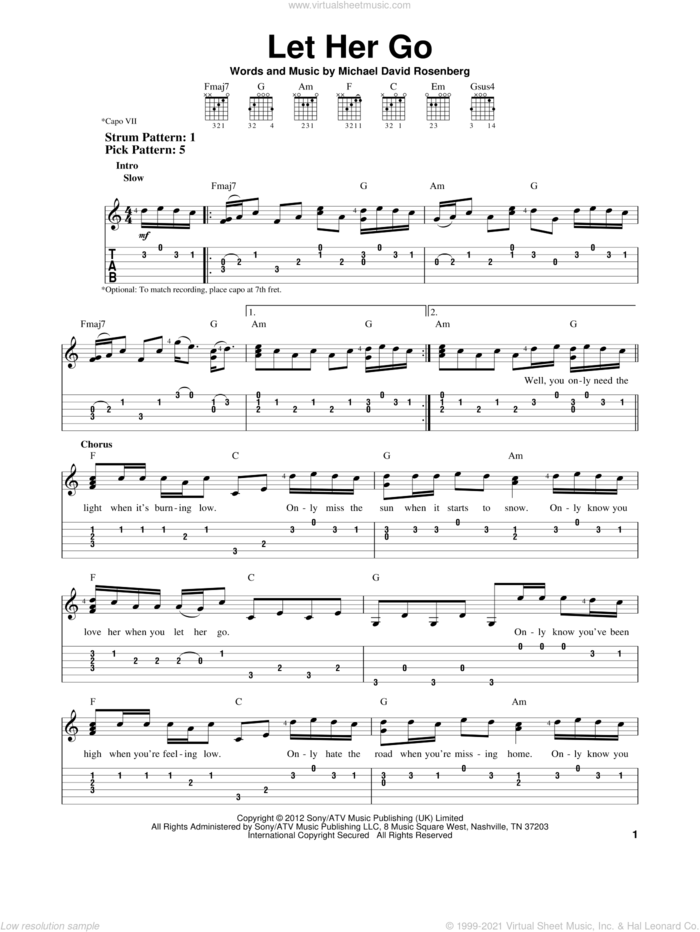 Let Her Go sheet music for guitar solo (easy tablature) by Passenger, easy guitar (easy tablature)