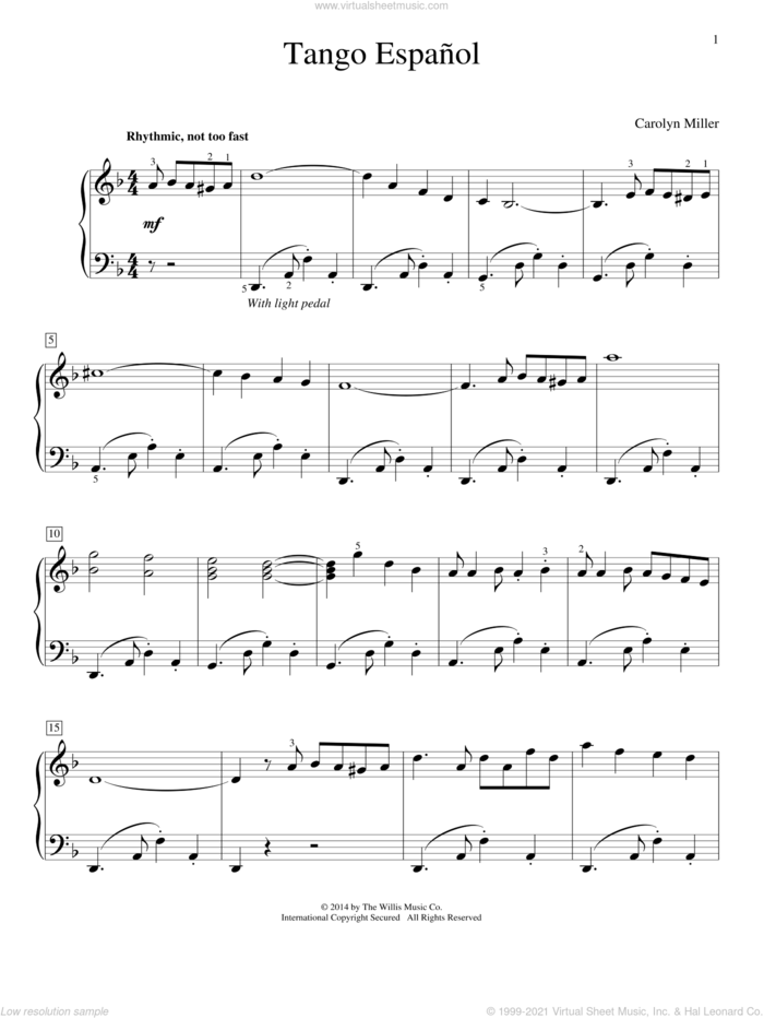 Tango Espanol sheet music for piano solo (elementary) by Carolyn Miller, beginner piano (elementary)