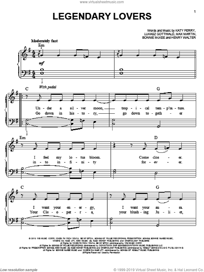 Legendary Lovers sheet music for piano solo by Katy Perry, easy skill level