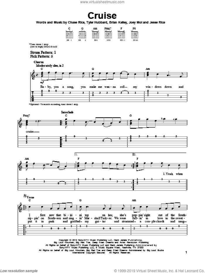 Cruise sheet music for guitar solo (easy tablature) by Florida Georgia Line, easy guitar (easy tablature)