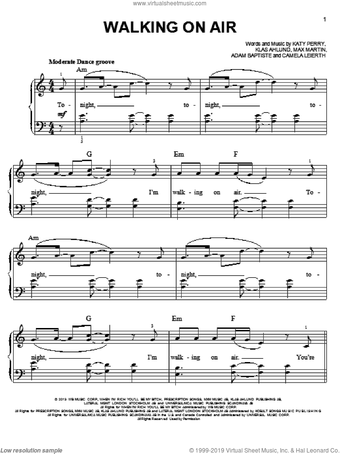 Walking On Air sheet music for piano solo by Katy Perry, easy skill level