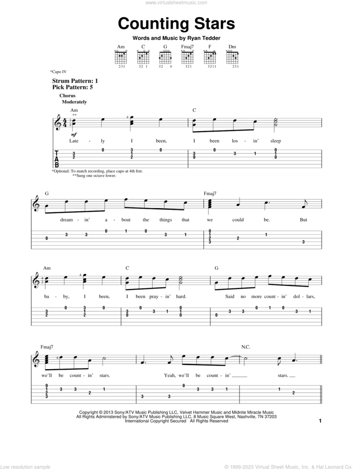 Counting Stars sheet music for guitar solo (easy tablature) by OneRepublic, easy guitar (easy tablature)
