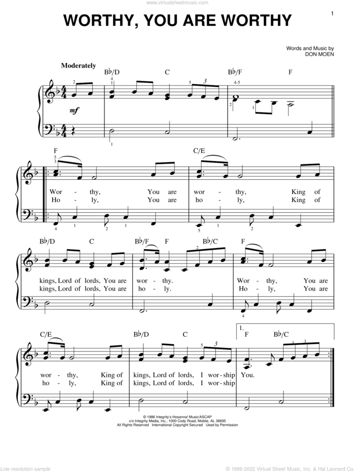 Worthy, You Are Worthy sheet music for piano solo by Don Moen, easy skill level