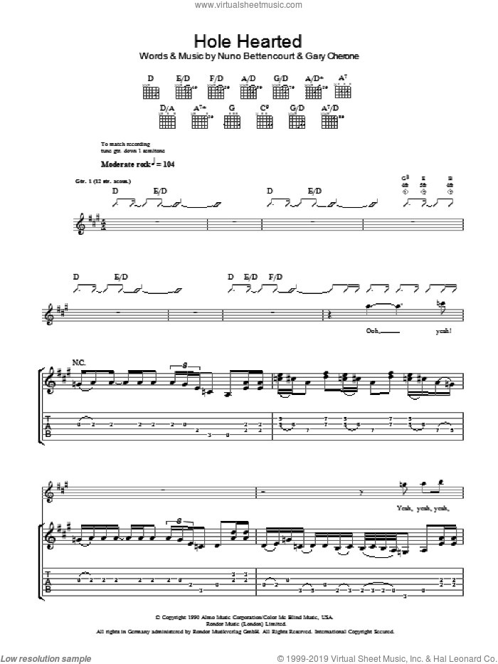 Hole Hearted sheet music for guitar (tablature) by Extreme, Gary Cherone and Nuno Bettencourt, intermediate skill level