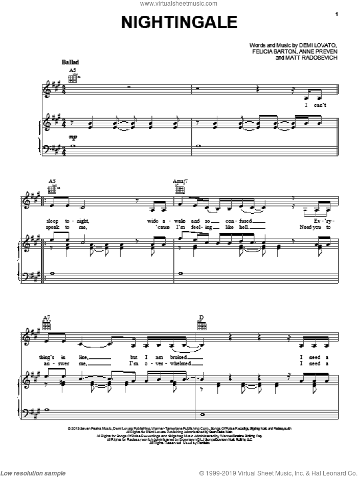 Nightingale sheet music for voice, piano or guitar by Demi Lovato, intermediate skill level