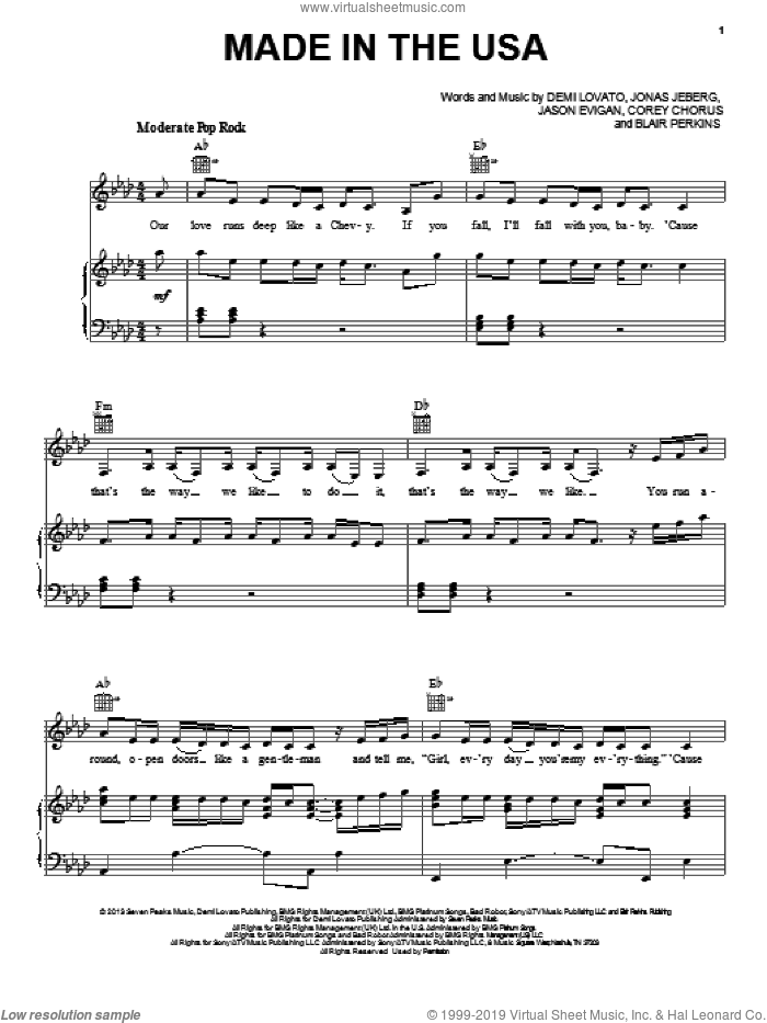 Made In The USA sheet music for voice, piano or guitar by Demi Lovato, intermediate skill level