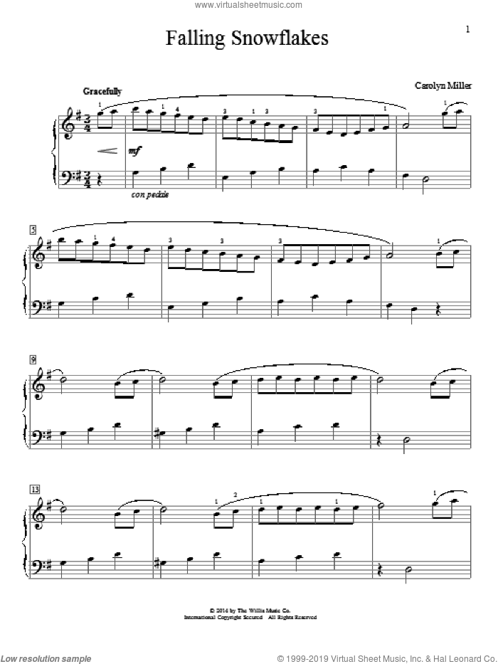 Falling Snowflakes sheet music for piano solo (elementary) by Carolyn Miller, beginner piano (elementary)