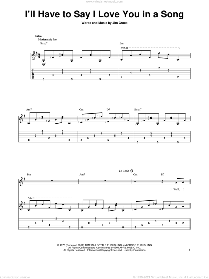 I'll Have To Say I Love You In A Song sheet music for guitar solo by Jim Croce, intermediate skill level