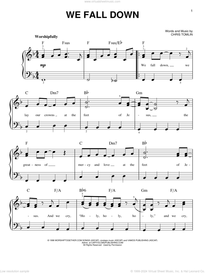 We Fall Down, (easy) sheet music for piano solo by Chris Tomlin and Kutless, easy skill level