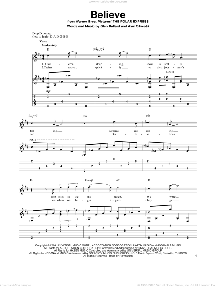Believe (from The Polar Express) sheet music for guitar solo by Josh Groban, Alan Silvestri and Glen Ballard, intermediate skill level