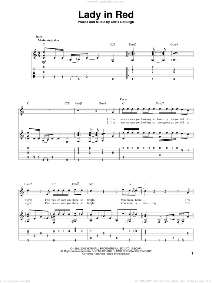 The Lady In Red sheet music for guitar solo by Chris de Burgh, intermediate skill level