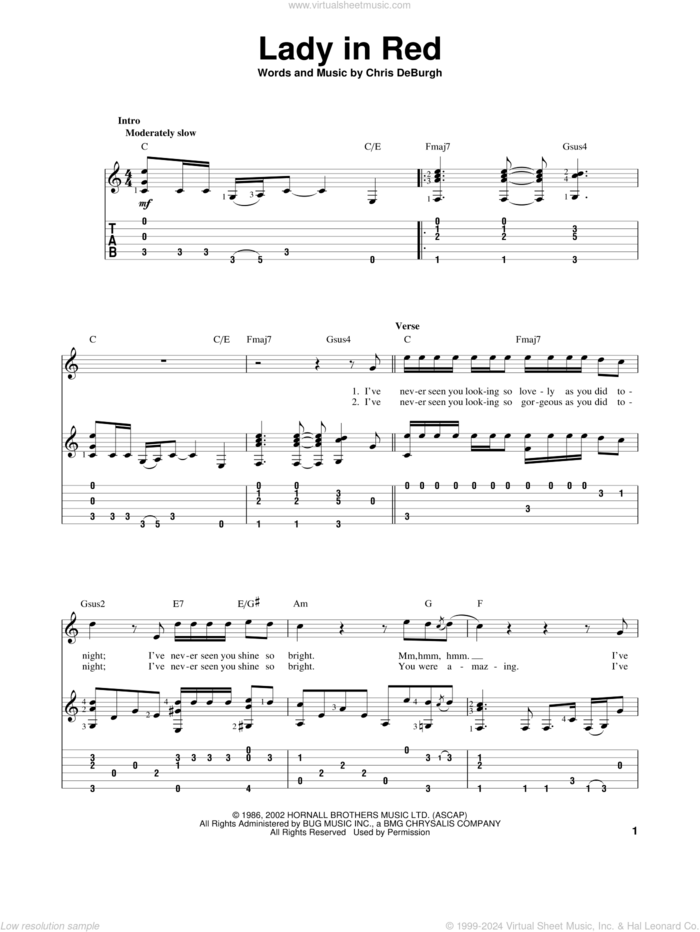 The Lady In Red sheet music for guitar solo by Chris de Burgh, intermediate skill level