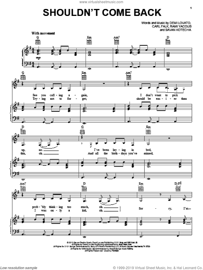 Shouldn't Come Back sheet music for voice, piano or guitar by Demi Lovato, intermediate skill level