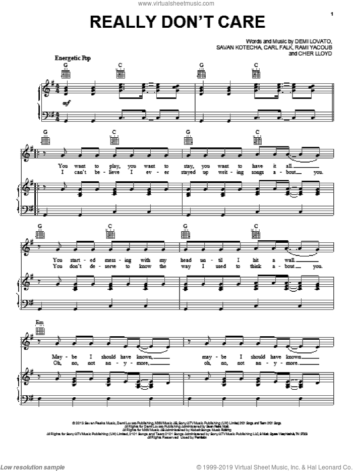 Really Don't Care sheet music for voice, piano or guitar by Demi Lovato, intermediate skill level