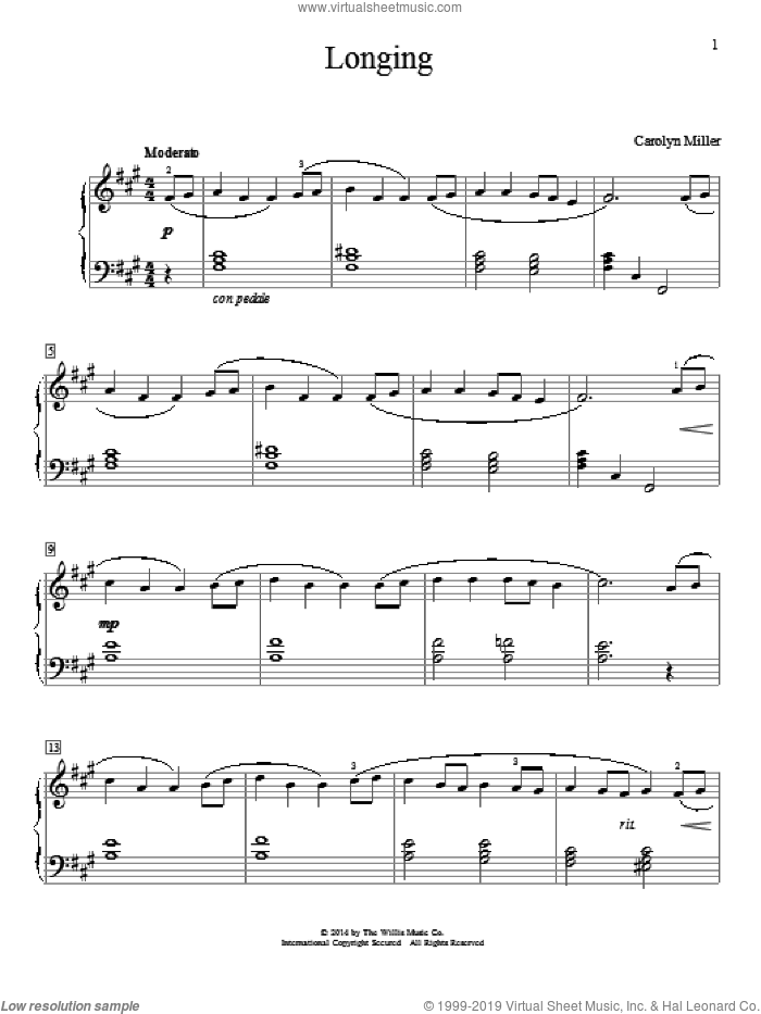 Longing sheet music for piano solo (elementary) by Carolyn Miller, beginner piano (elementary)