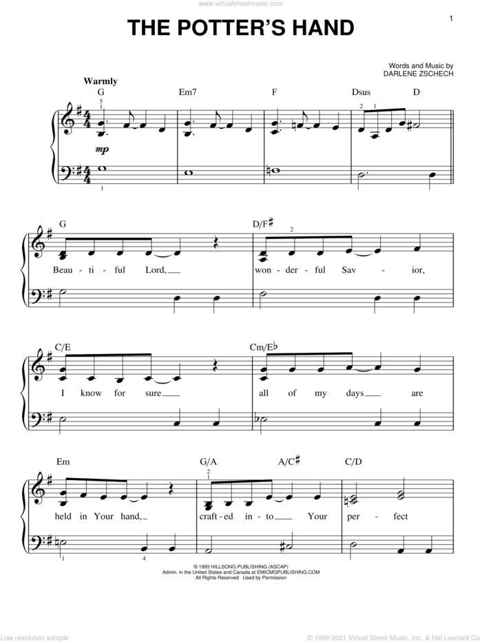 The Potter's Hand sheet music for piano solo by Darlene Zschech, easy skill level