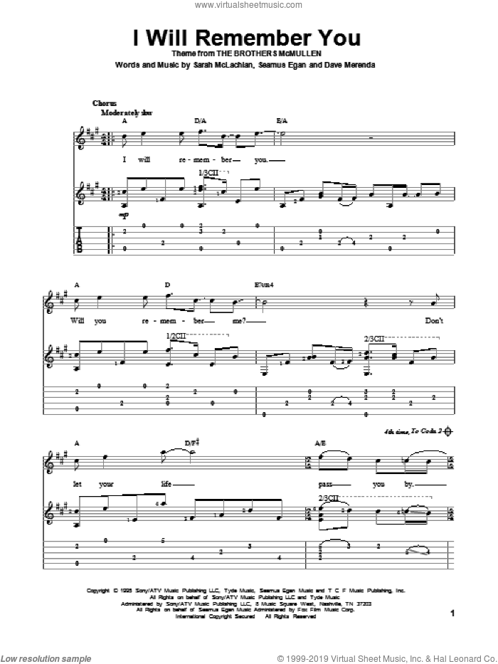 I Will Remember You sheet music for guitar solo by Sarah McLachlan, intermediate skill level