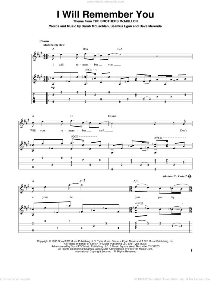 I Will Remember You sheet music for guitar solo by Sarah McLachlan, intermediate skill level