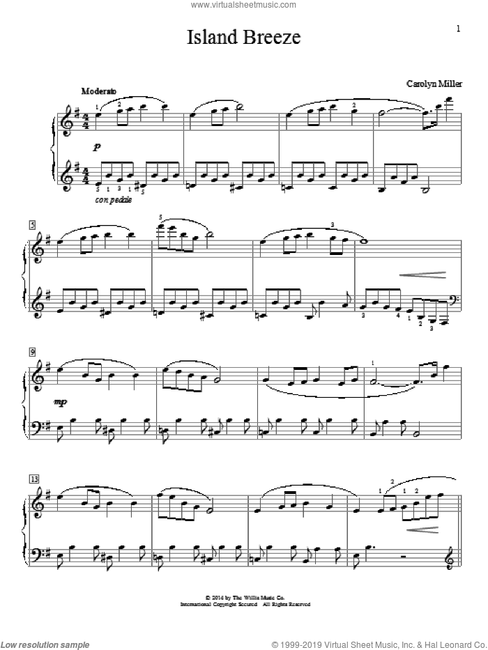 Island Breeze sheet music for piano solo (elementary) by Carolyn Miller, beginner piano (elementary)