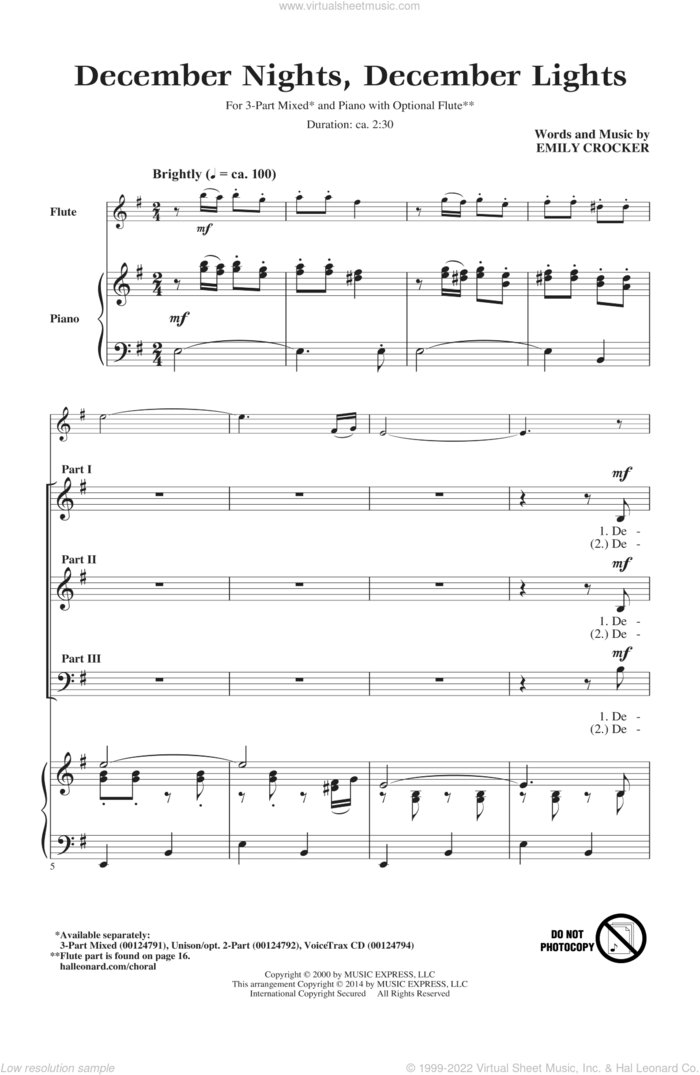 December Nights, December Lights sheet music for choir (3-Part Mixed) by Emily Crocker, intermediate skill level