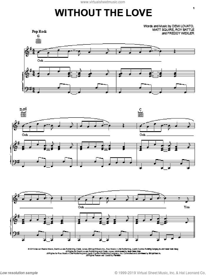 Without The Love sheet music for voice, piano or guitar by Demi Lovato, intermediate skill level